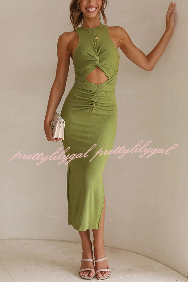 Crushing All Night Ribbed Front Cut Out Ruched Stretch Midi Dress