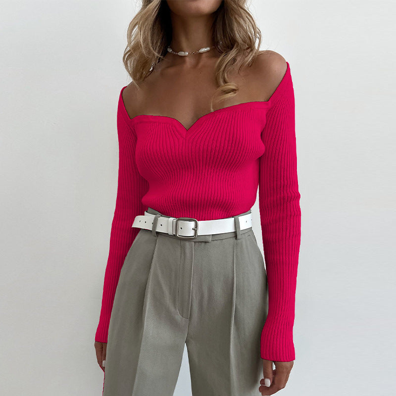 Square Neck Slim Knit Sweater with Long Sleeves Top