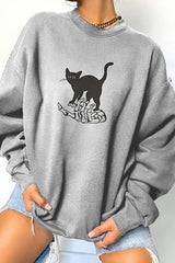 Halloween Skull Cat Print Sweatshirt