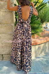 Lisa Leopard Print Back Tie-up Tank and Elastic Waist Pleated A-line Maxi Skirt