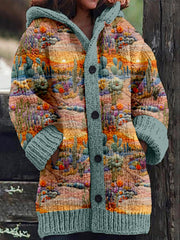 Western Cactus Embroidered Cozy Hooded Cardigan