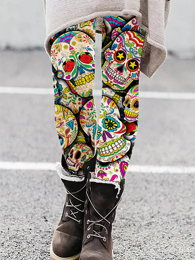 Day of the Dead Sugar Skull Collage Art Casual Leggings