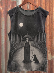 Vintage Ritualistic Mask Scary Ghost Print Vest