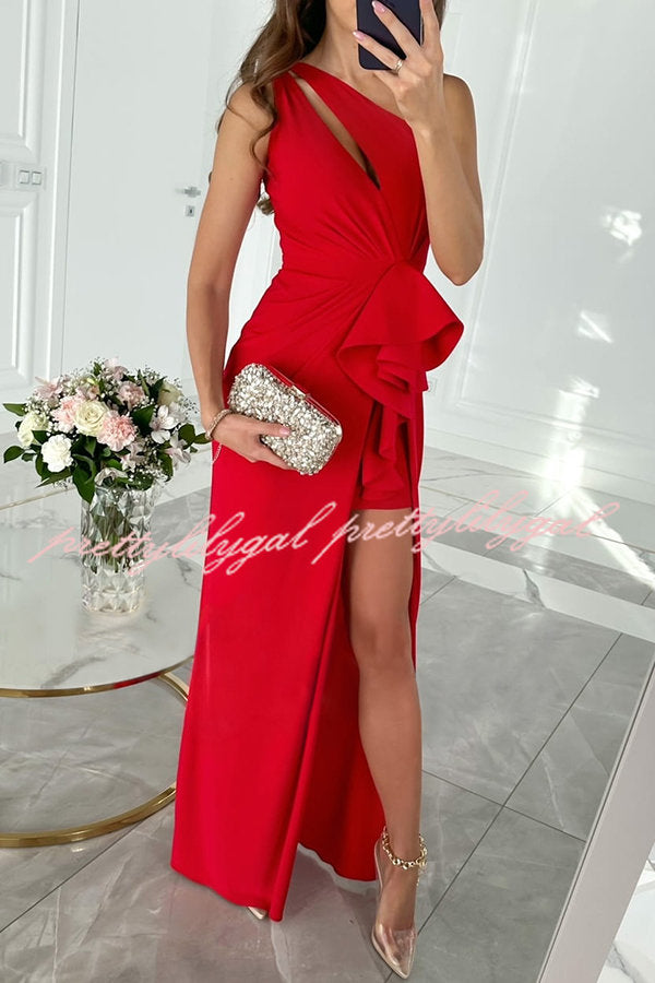 Forever Luxe One Shoulder Cutout Ruffle Split Maxi Dress