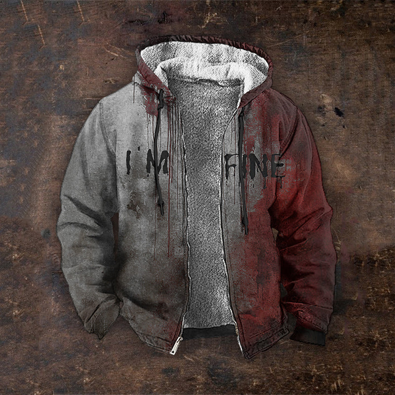 Vintage Bloody I AM FINE Printed Casual Zipper Hoodie Sweatshirt