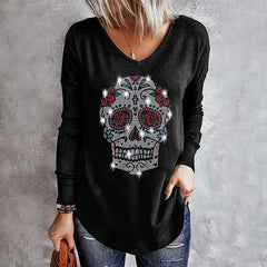 Glitter Skull Print V-Neck Long Sleeved T-Shirt