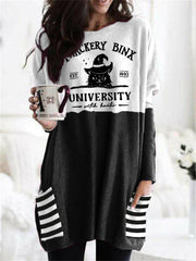 Halloween Cat Witch Striped Patch Pocket Tunic