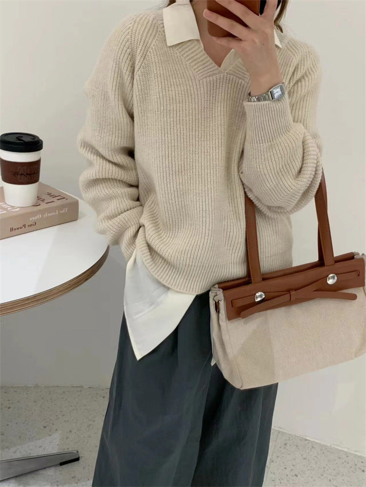 V-neck Soft Waxy Loose Gentle Knit Sweater