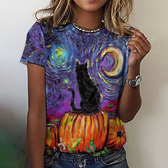 Oil Painting Cat Pumpkin Print Crew Neck T-Shirt