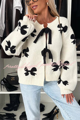 Vernie Knit Jewelry Pendant Bow Pattern Front Tie-up Long Sleeve Loose Cardigan