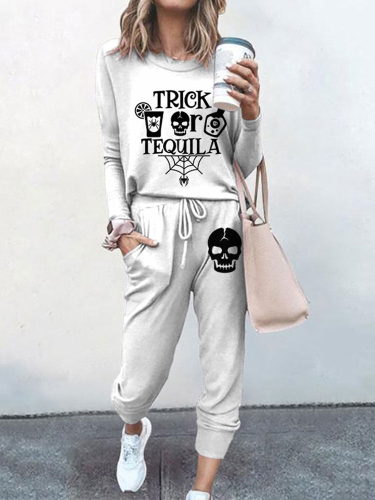 Trick Skull Print T-Shirt Two Piece Set