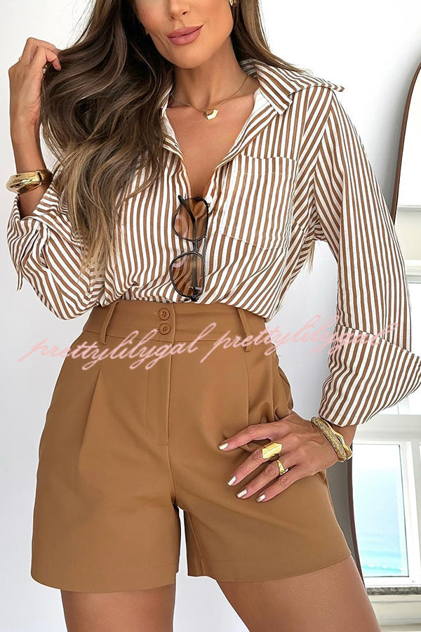 Stylish and Comfortable Striped Loose Shirt and High Waist Pocketed Wide Leg Shorts Set