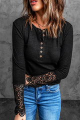 Women's Chic Black Crochet Lace Hem Sleeve Button Top