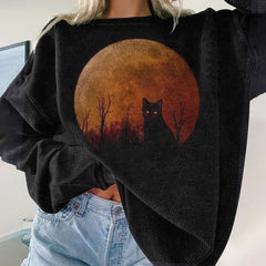 Crew Neck Halloween Cat Print Sweatshirt