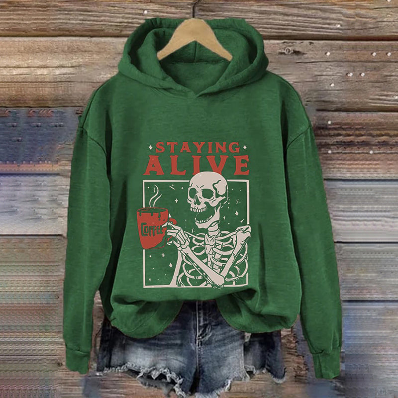 Staying Alive Skeleton Coffee Halloween Print Casual Hoodie