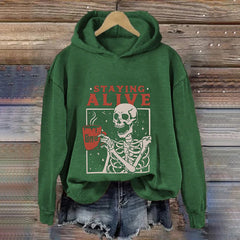 Staying Alive Skeleton Coffee Halloween Print Casual Hoodie