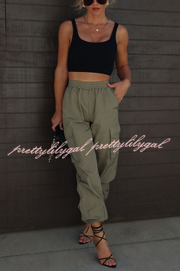 Let's Rewind Nylon Elastic Waist Pocketed Cargo Pants