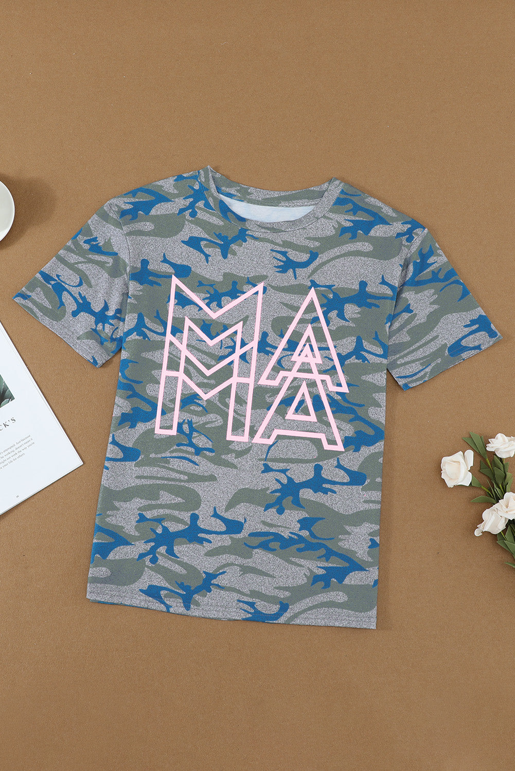 Women's Women Green Blue Short Sleeve MAMA Graphic Modern Camo Tee