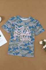 Women's Women Green Blue Short Sleeve MAMA Graphic Modern Camo Tee
