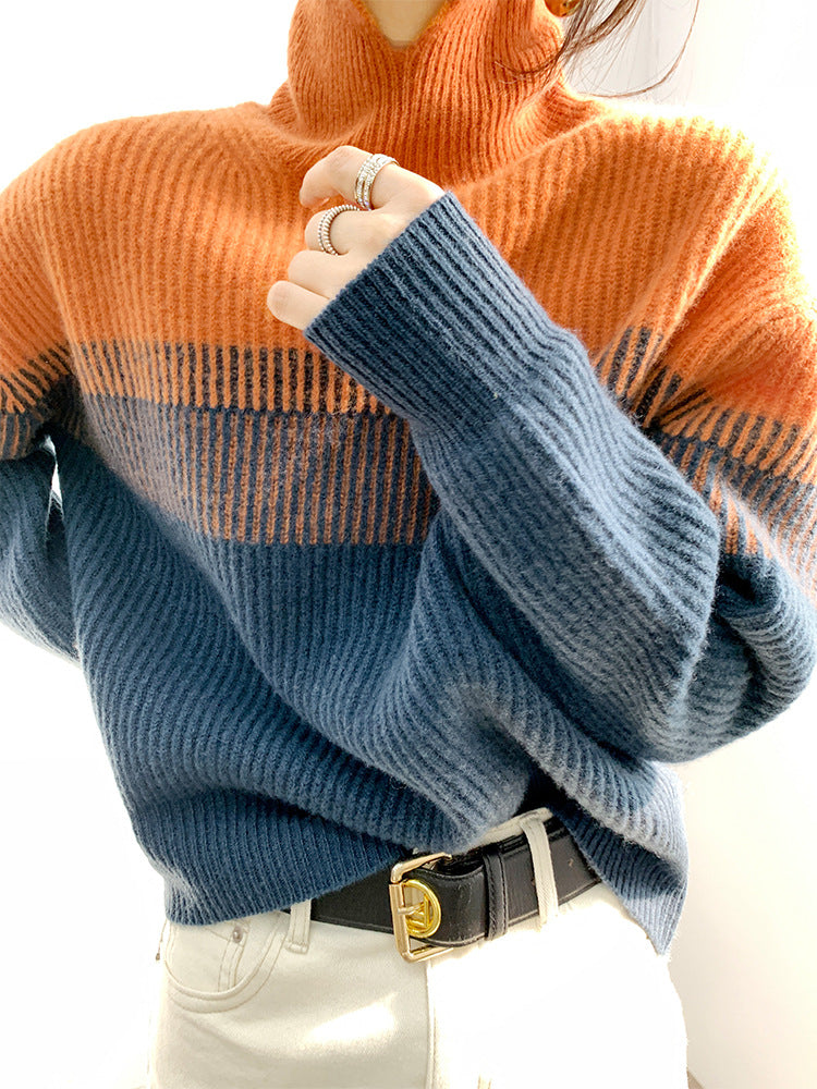 Turtleneck Versatile Gradient Contrast Knit Sweater