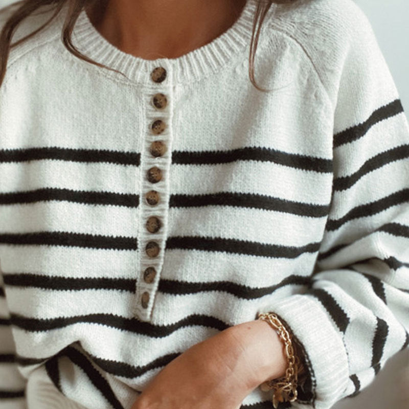Casual Front Placket Stripe Swater