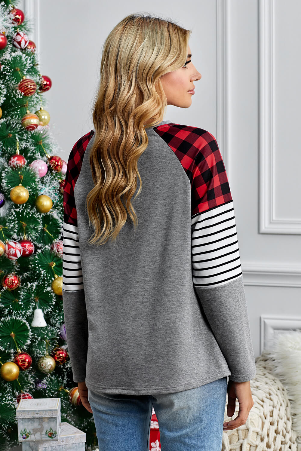 Women's Casual Gray Buffalo Plaid & Stripe Splicing Long Sleeve Top