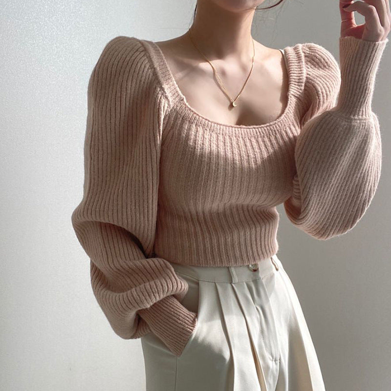 Plain Knit Top With Square Collar And Bubble Sleeves