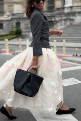 Timeless Luxury Tulle 3D Embroidered Flowers Elastic Waist Large Hem Midi Skirt
