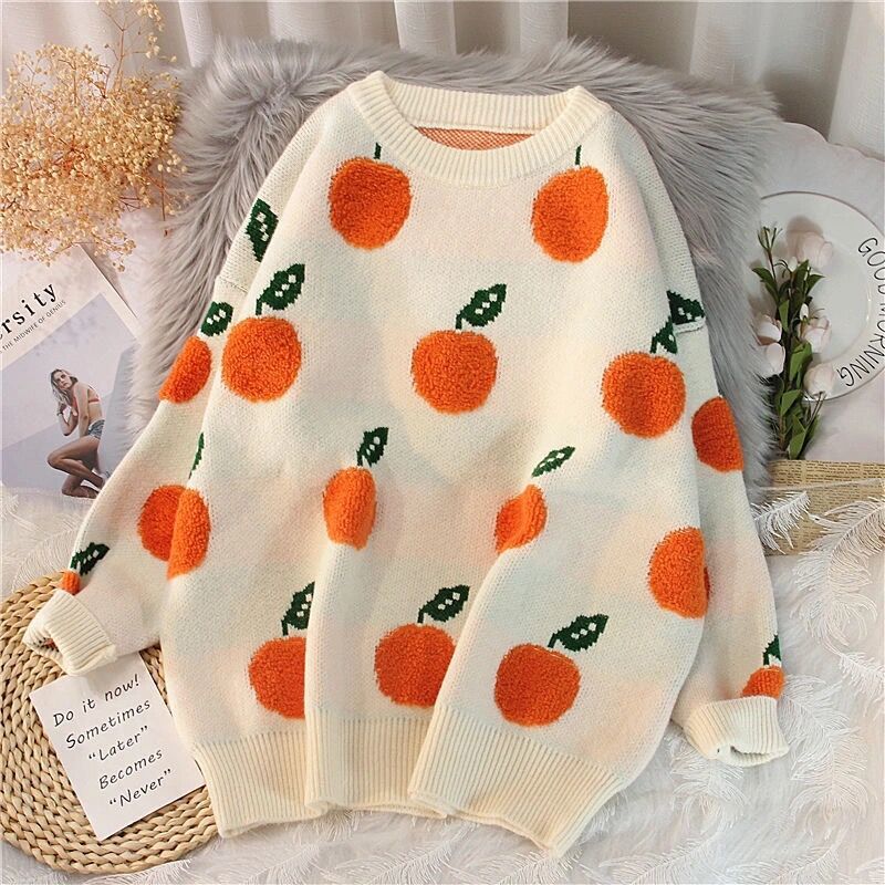 Orange Jacquard Casual Round Neck Sweater