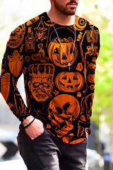 Crew Neck Halloween Pumpkin Print Long Sleeve T-Shirt