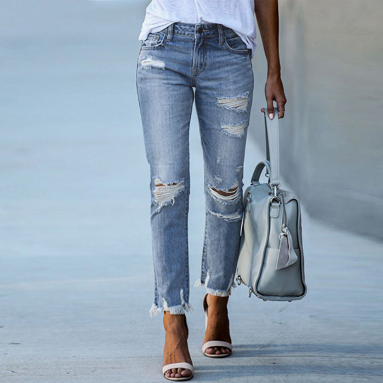 Women's Raw edge ripped slim fit jeans