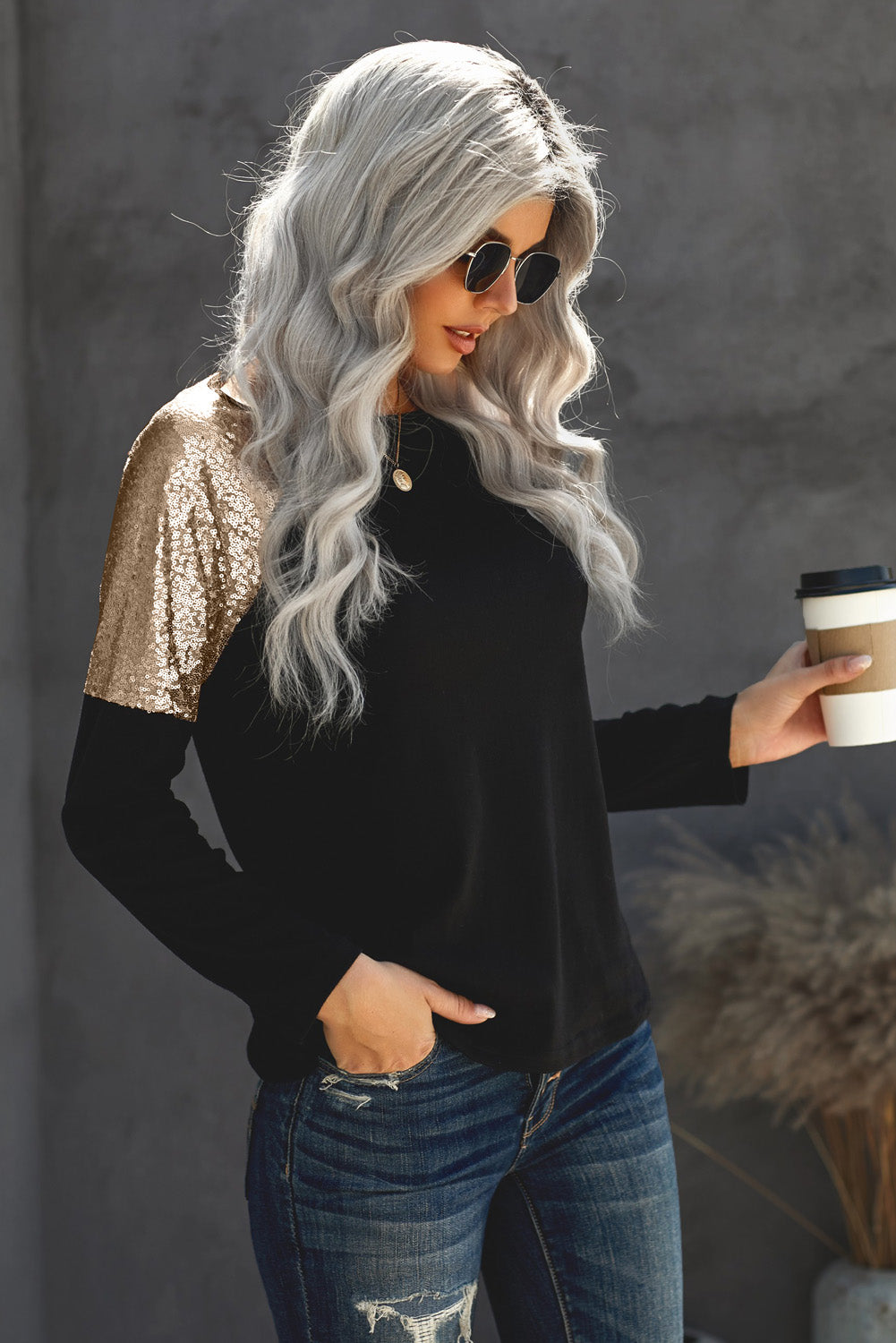 Women's New Black Sequin Shoulder Long Sleeve Top