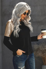Women's New Black Sequin Shoulder Long Sleeve Top