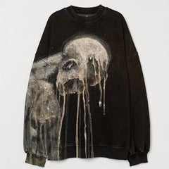 Skull Printed Vintage Washed Casual Sweatshirt