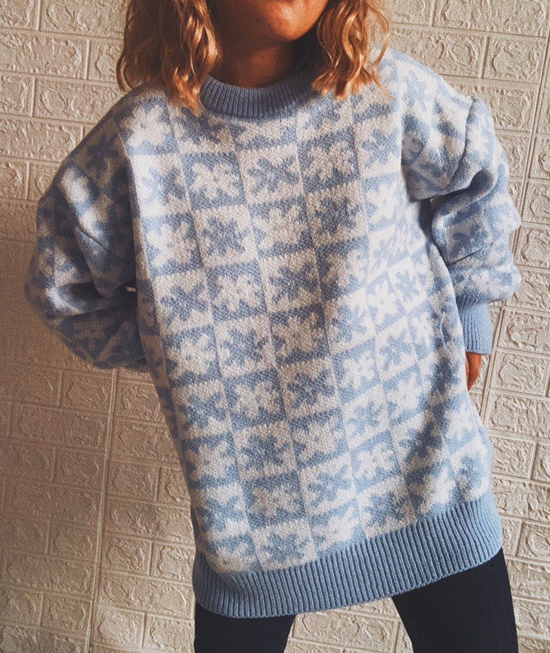 Casual Floral Plaid Round Collar Long Sleeve Loose Knit Sweater