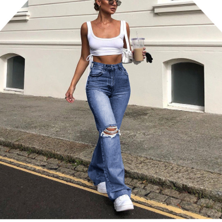 Women's wide leg ripped flared jeans