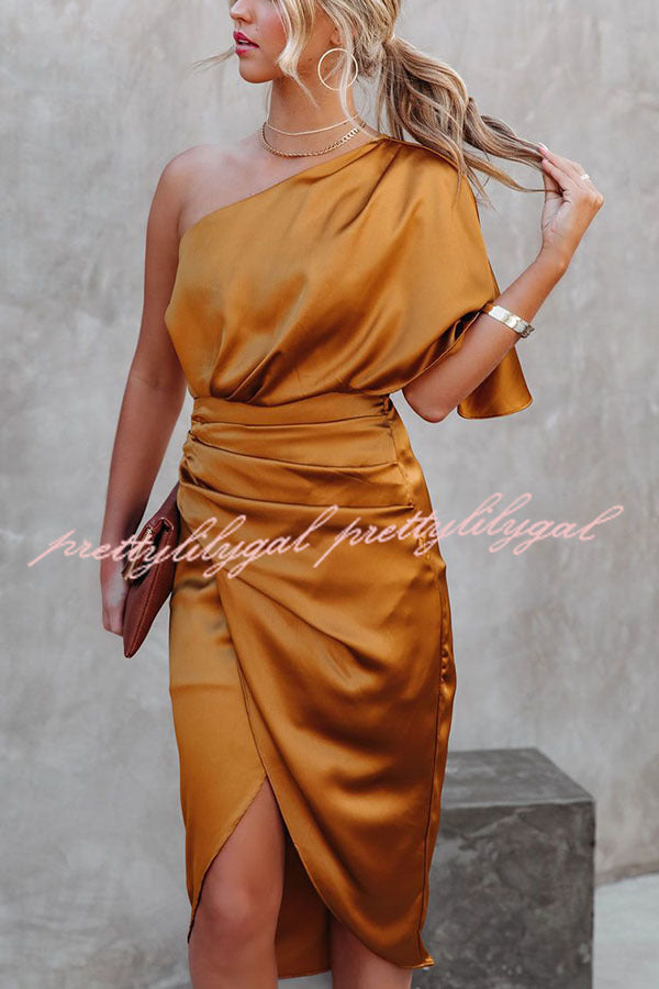Glam Expectations One Shoulder Satin Drape Dress