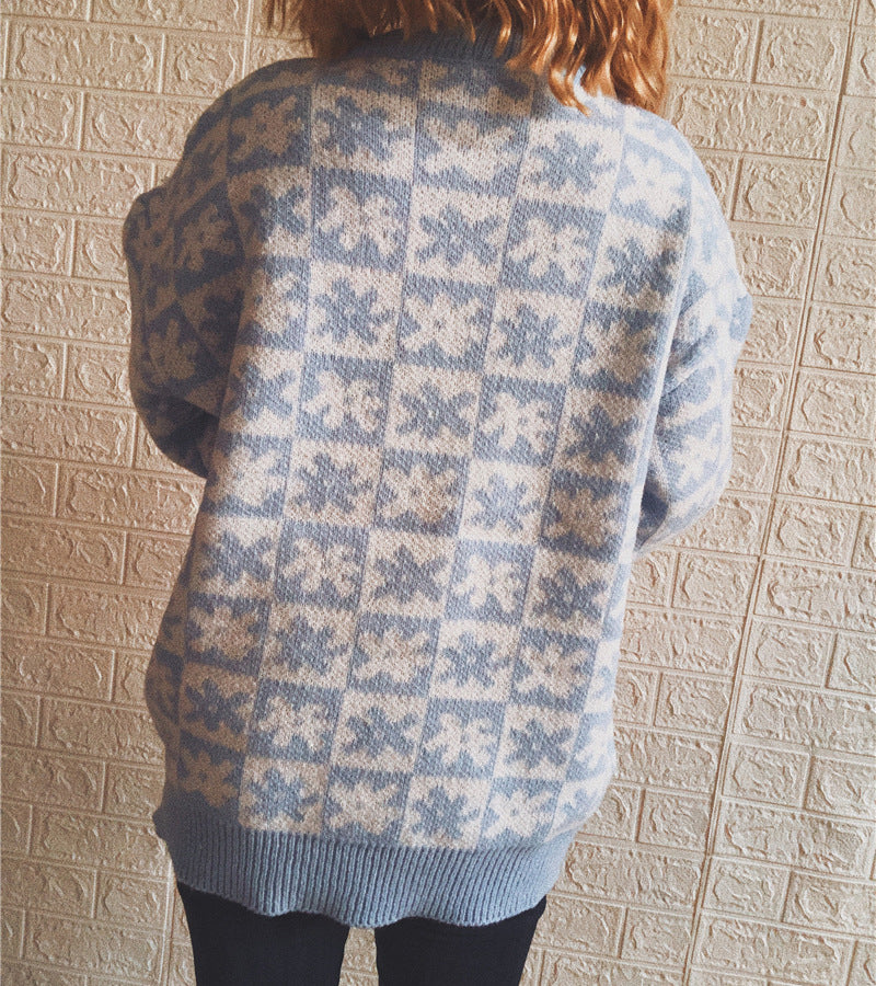 Casual Floral Plaid Round Collar Long Sleeve Loose Knit Sweater