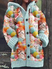 Cute Cat Print Long Sleeve Knitted Hooded Cardigan