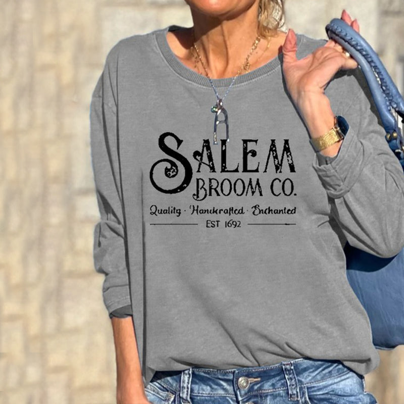 Halloween Salem Broom Co Print Crew Neck Long Sleeve Sweatshirt