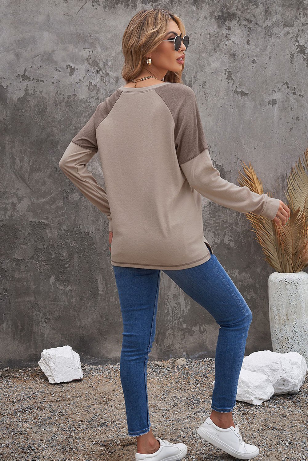 Women's Casual Khaki Color Block Raglan Long Sleeve Top