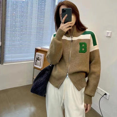 Patchwork Stand Neck Sweater Cardigan