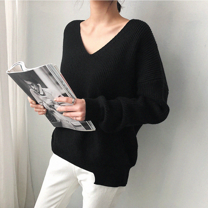 V-Neck Simple Irregular Pullover Sweater