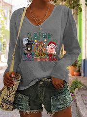 Animal And Flower Print Casual Long Sleeve T Shirt