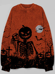 Halloween Night Horror Pumpkin Face Skeleton Man Washed Old Sweatshirt