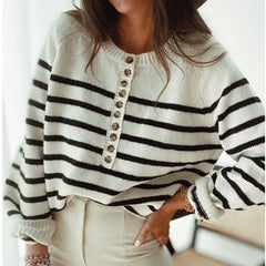 Casual Front Placket Stripe Swater