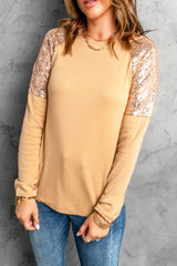 Women's Fashion Apricot Sequin Shoulder Long Sleeve Top