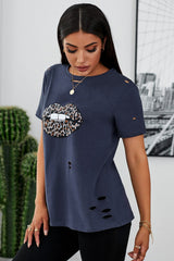 Women's Navy Leopard Lip Distressed Cotton Short Sleeve Tee