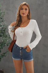 Women's Casual White Crewneck Buttons Ribbed Knit Long Sleeve Top