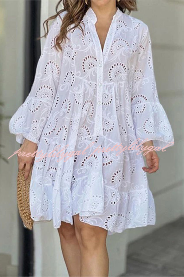 V Neck Embroidered Hollow Lace Flower Mini Dress